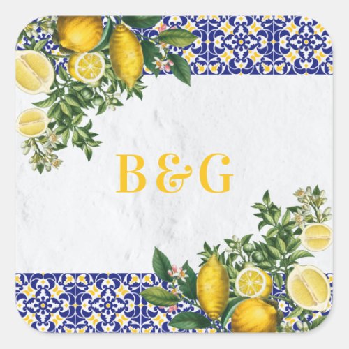 Blue White Yellow Mediterranean Tile Lemon Wedding Square Sticker