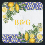 Blue White Yellow Mediterranean Tile Lemon Wedding Square Sticker<br><div class="desc">A modern monogram Mediterranean tiles and lemons wedding design with a Mediterranean style white wash wall background. A Mediterranean destination themed wedding design that uses watercolor illustrations of blue, white and yellow tiles and lemons to create an elegant summer wedding design. A charming destination Spanish, Greek, Italian or Portuguese Summer...</div>