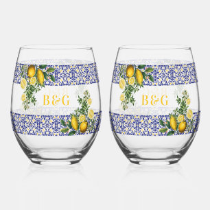 Blue White Yellow Mediterranean Tile Lemon Wedding Stemless Wine Glass