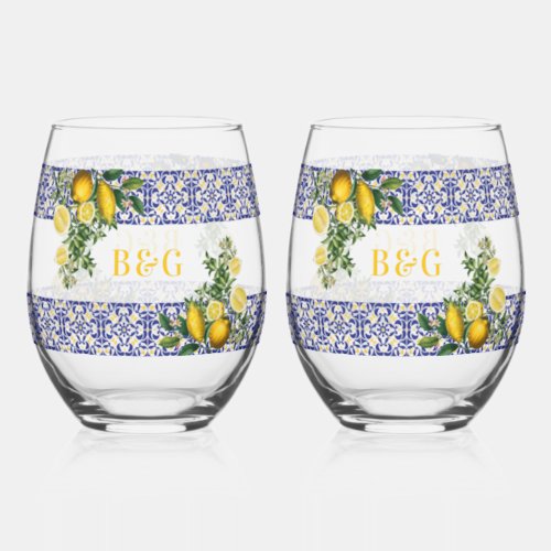 Blue White Yellow Mediterranean Tile Lemon Wedding Stemless Wine Glass