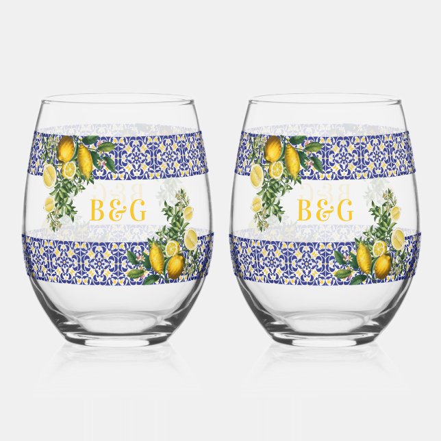 Blue White Yellow Mediterranean Tile Lemon Wedding Stemless Wine Glass (Front)