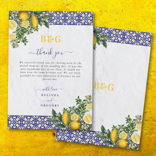 Blue White Yellow Mediterranean Tile Lemon Wedding Thank You Card