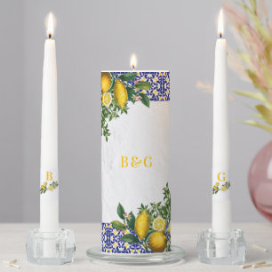 Blue White Yellow Mediterranean Tile Lemon Wedding Unity Candle Set