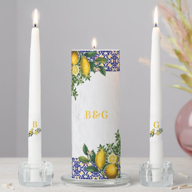 Blue White Yellow Mediterranean Tile Lemon Wedding Unity Candle Set (In Situ)