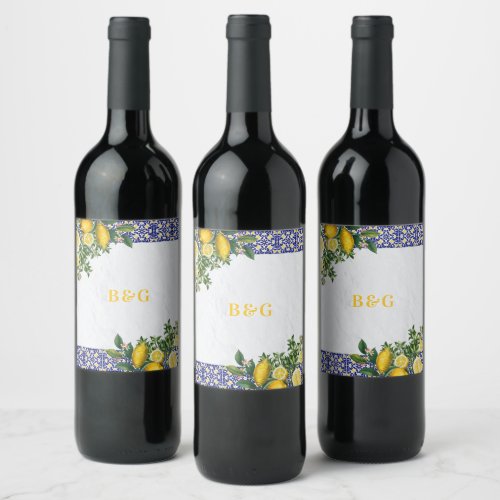 Blue White Yellow Mediterranean Tile Lemon Wedding Wine Label