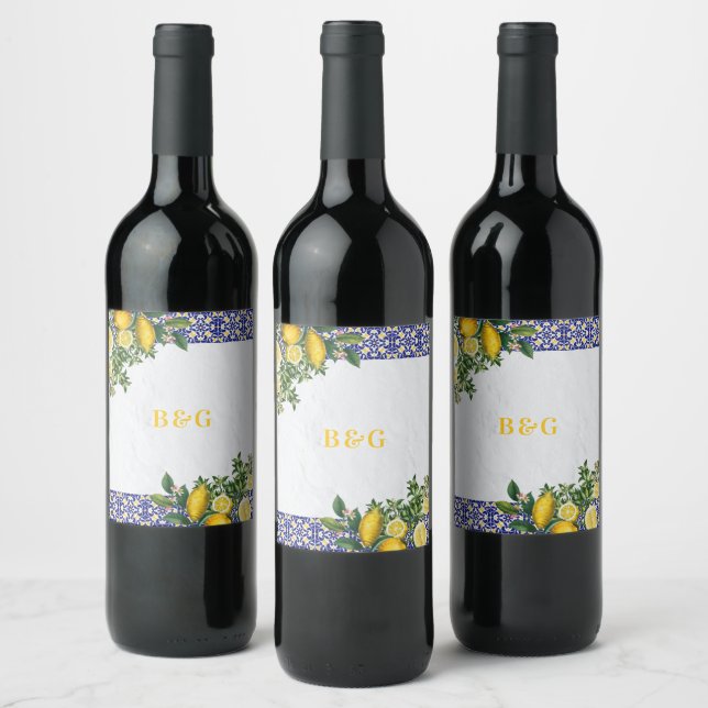 Blue White Yellow Mediterranean Tile Lemon Wedding Wine Label (Bottles)