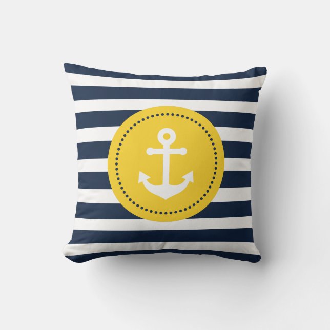Blue White Yellow Nautical Anchor Pillow (Front)