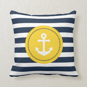 Blue White Yellow Nautical Anchor Pillow