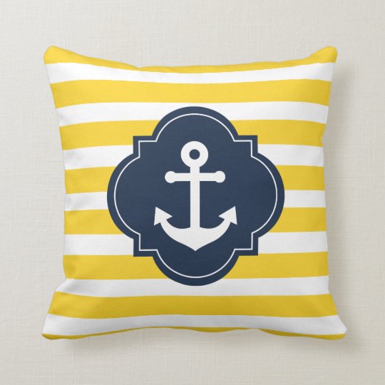 Blue White Yellow Nautical Anchor Striped Pillow Zazzle Com