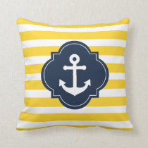 Blue White &amp; Yellow Nautical Anchor Striped Pillow