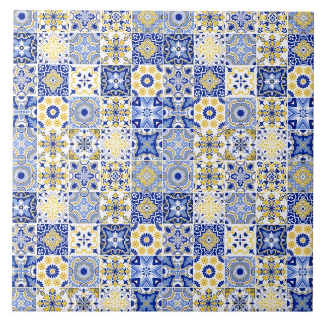 blue& white yellow Portuguese Azulejo pattern  Ceramic Tile (Front)