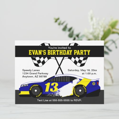 Blue White Yellow Race Car Birthday Party Card