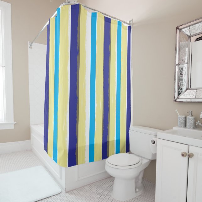 Blue White Yellow Summer Vertical Stripes Shower Curtain (In Situ)