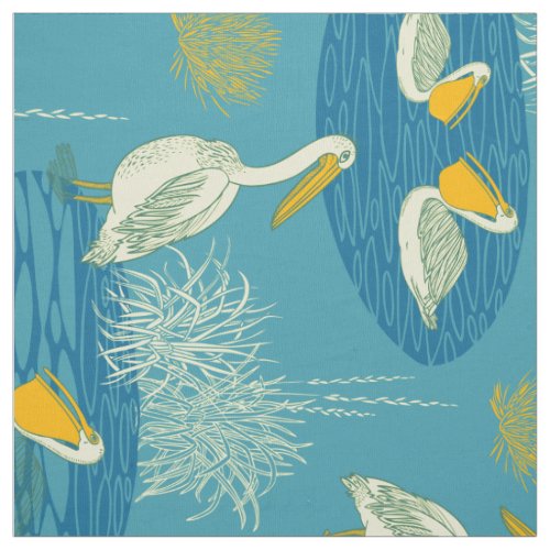 Blue White  Yellow Tones Cute Birds Pattern Fabric