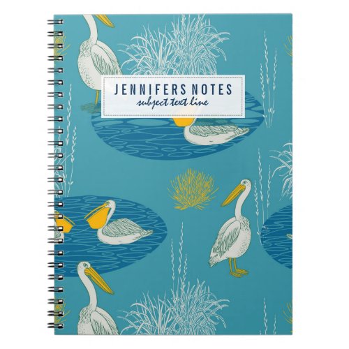 Blue White  Yellow Tones Cute Birds Pattern Notebook