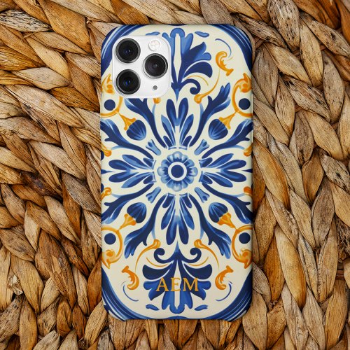 Blue White Yellow Vintage Tile Pattern iPhone 15 Pro Max Case