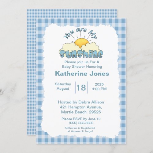 Blue White You Are My Sunshine Baby Shower      Invitation