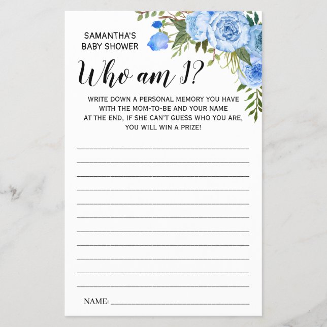 Blue Who am I Baby shower bilingual game card Flyer (Front)
