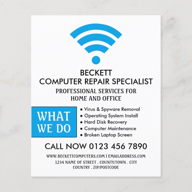 Blue Wi-Fi Logo, Computer Repair Specialist Advert Flyer (Front)