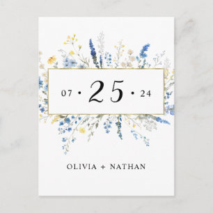 Blue Wild Floral Dainty Flowers Gold Save The Date Invitation Postcard