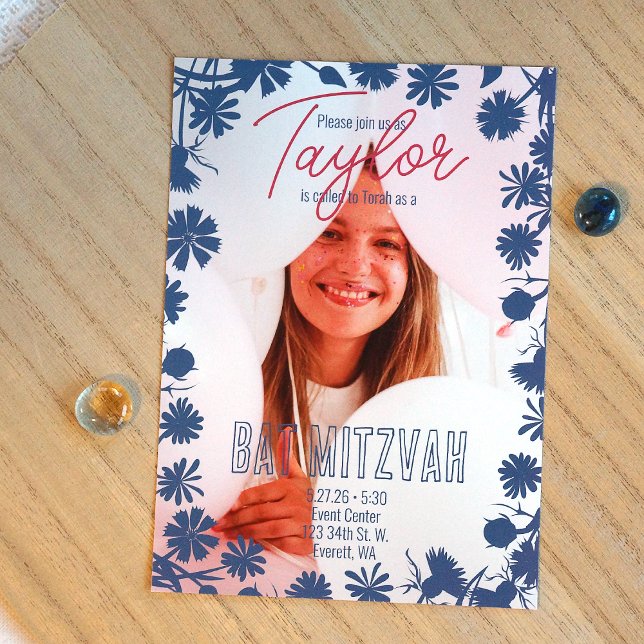 Blue Wild Flowers Border, Mauve Bat Mitzvah Photo Invitation (Botanical blue flowers, pink script writing Bat Mitzvah photo invitation)
