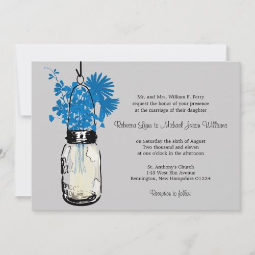 Blue Wild flowers  Mason Jar Wedding Invitations