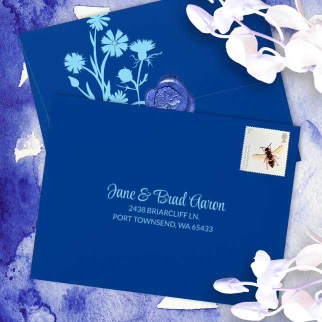 Blue Wild Flowers Pre-addressed RSVP Envelope (royal blue bat mitzvah enclosure card envelopes small blue envelopes for rsvp reply response cards)