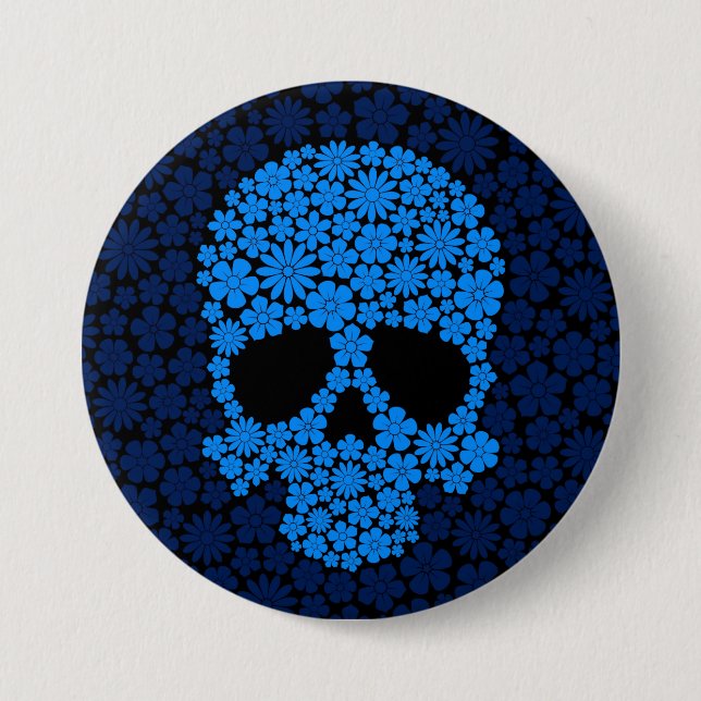 Blue Wild Flowers Skull Button (Front)
