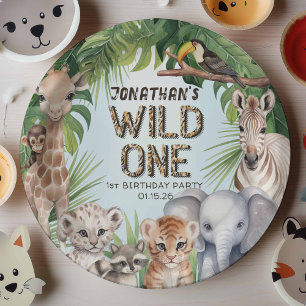 Blue wild one jungle animals 1st birthday paper plates