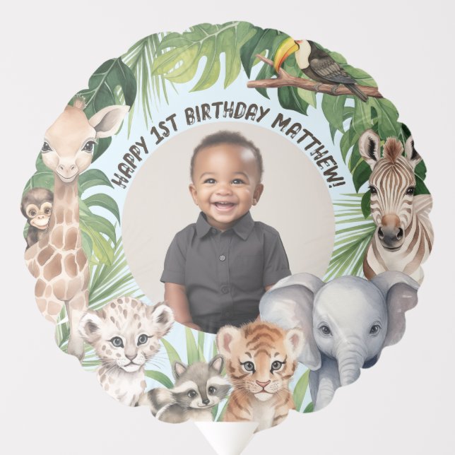 Blue Wild one Jungle animals happy 1st birthday Balloon (Front)
