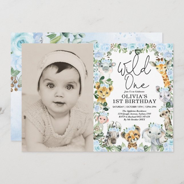 Blue  Wild One Jungle Safari Girl Birthday Photo Invitation (Front/Back)