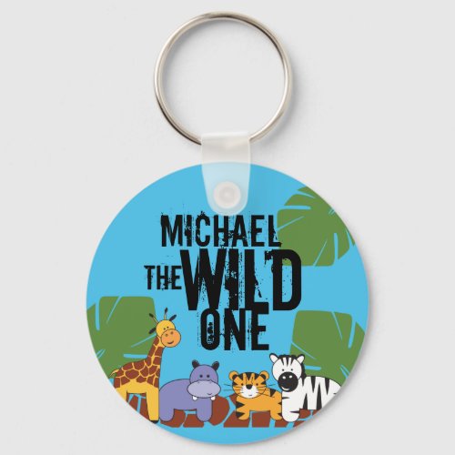Blue Wild One Safari Animals Personalized Keychain