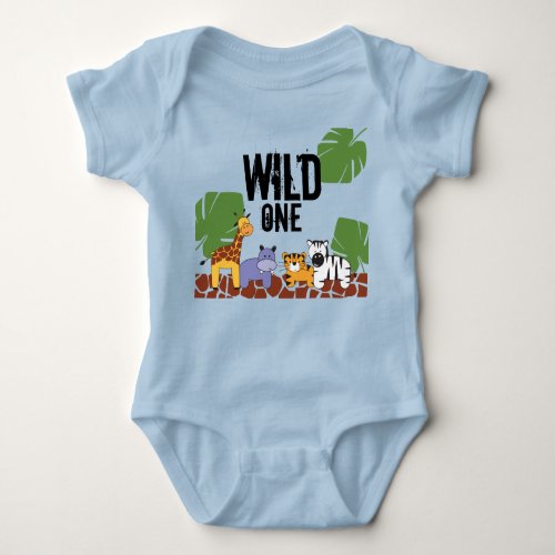 Blue WILD ONE Safari Jungle Theme 1st Birthday Baby Bodysuit
