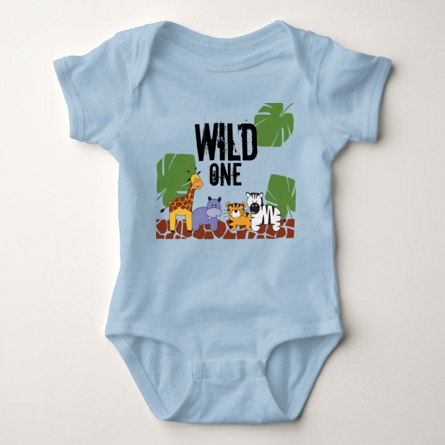 Blue WILD ONE Safari Jungle Theme 1st Birthday Baby Bodysuit (Front)