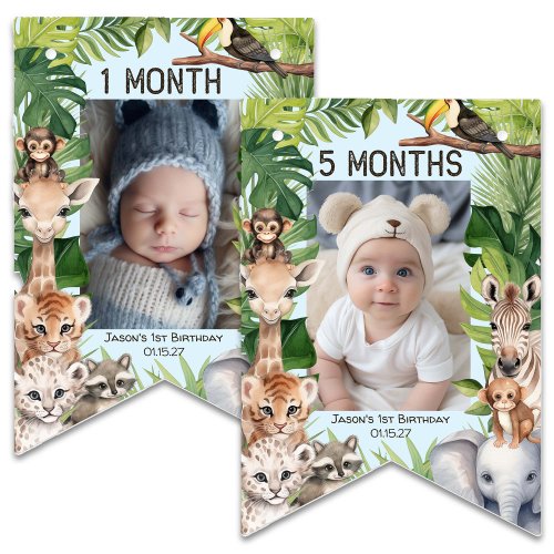 Blue Wild One Safari Themed 1st Birthday Monthly  Bunting Flags