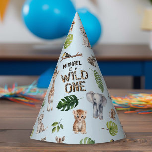 Blue Wild One, Safari Themed Baby Boy 1st  Party Hat