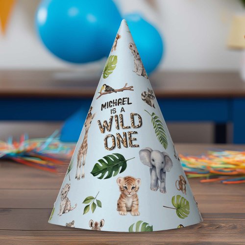 Blue Wild One Safari Themed Baby Boy 1st  Party Hat