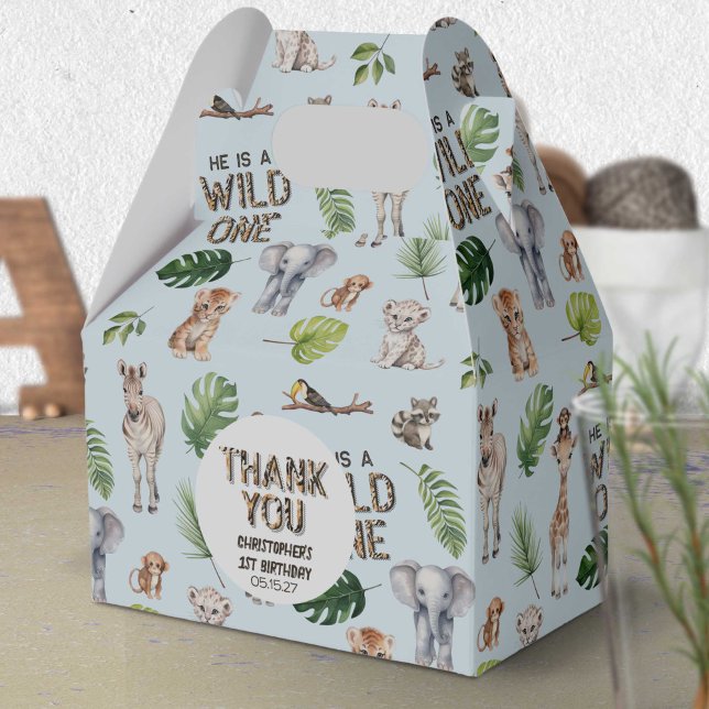 Blue Wild One Themed Boy 1st birthday Favor Boxes (Wild One, Blue Jungle Animals, Birthday favor box.)