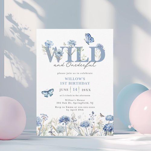 Blue Wild  Onederful Wildflower 1st Birthday Invitation
