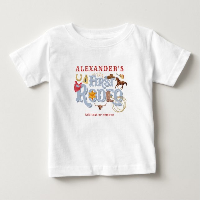 Blue Wild West First Rodeo Baby Boy 1st Birthday Baby T-Shirt (Front)
