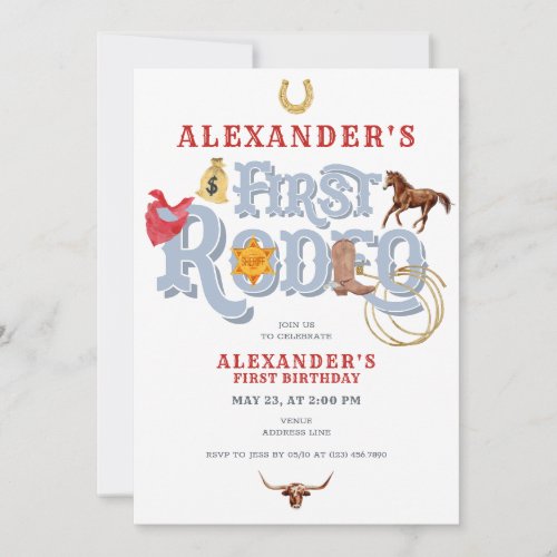 Blue Wild West First Rodeo Baby Boy 1st Birthday Invitation