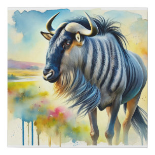 Blue Wildebeest 230824AREF141 - Watercolor Faux Canvas Print