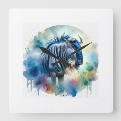 Blue Wildebeest Elegance AREF771 _ Watercolor Square Wall Clock