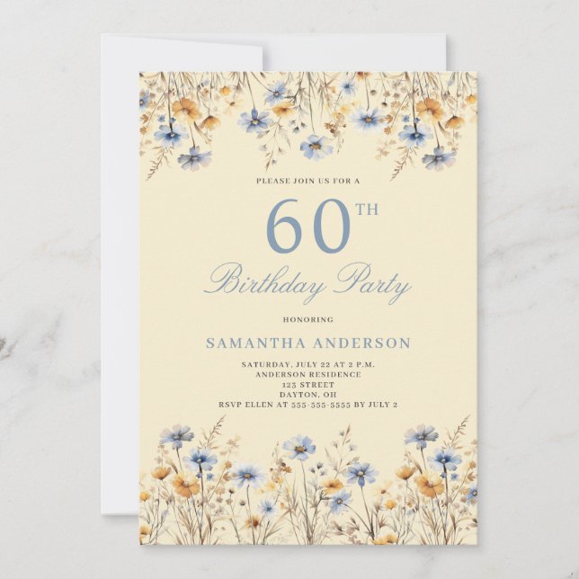 Blue Wildflower 60th Birthday Party  Invitation (Front)