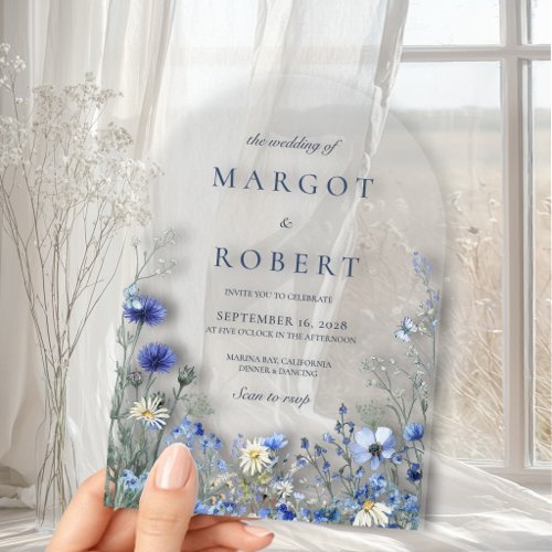 Blue Wildflower Arch Clear Acrylic Wedding Invitations
