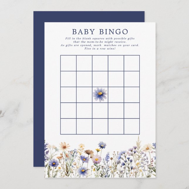 Blue Wildflower Boho Baby Shower Bingo Game Invitation (Front/Back)