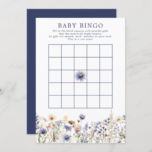 Blue Wildflower Boho Baby Shower Bingo Game Invitation