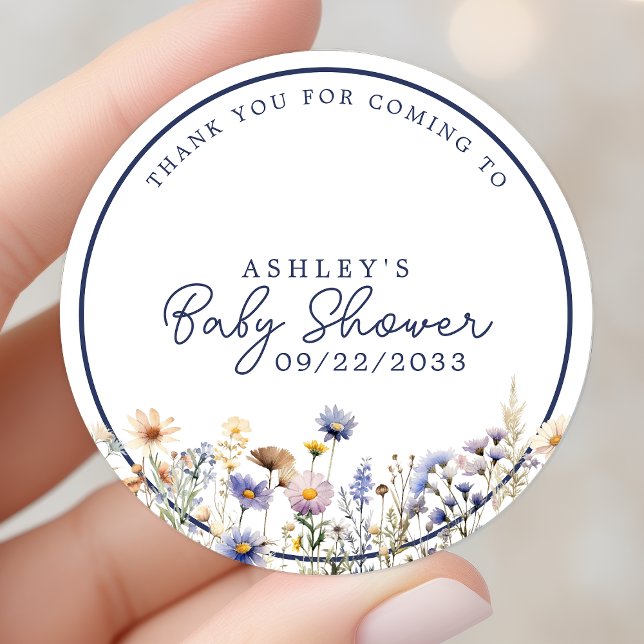 Blue Wildflower Boho Baby Shower Thank You Classic Round Sticker (Creator Uploaded)