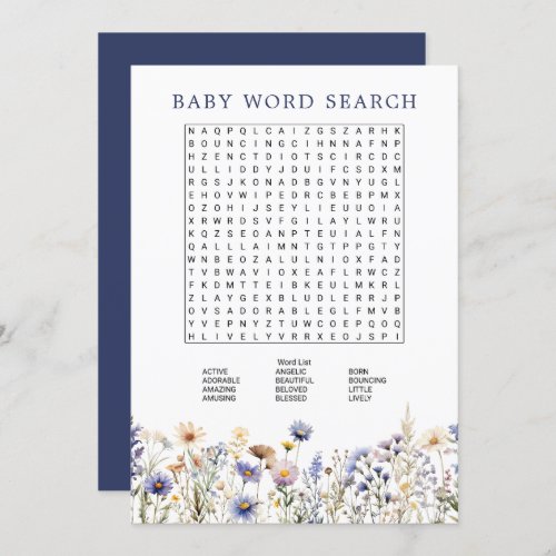 Blue Wildflower Boho Baby Shower Word Search Game Invitation