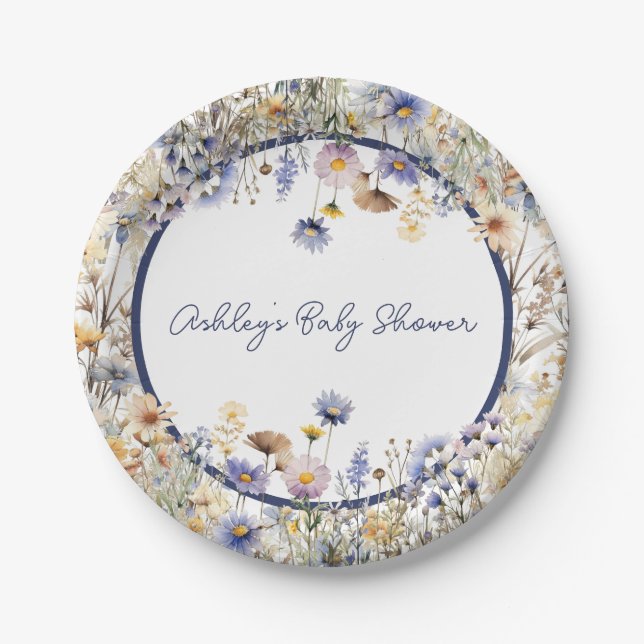 Blue Wildflower Boho Personalized Baby Shower Paper Plates (Front)